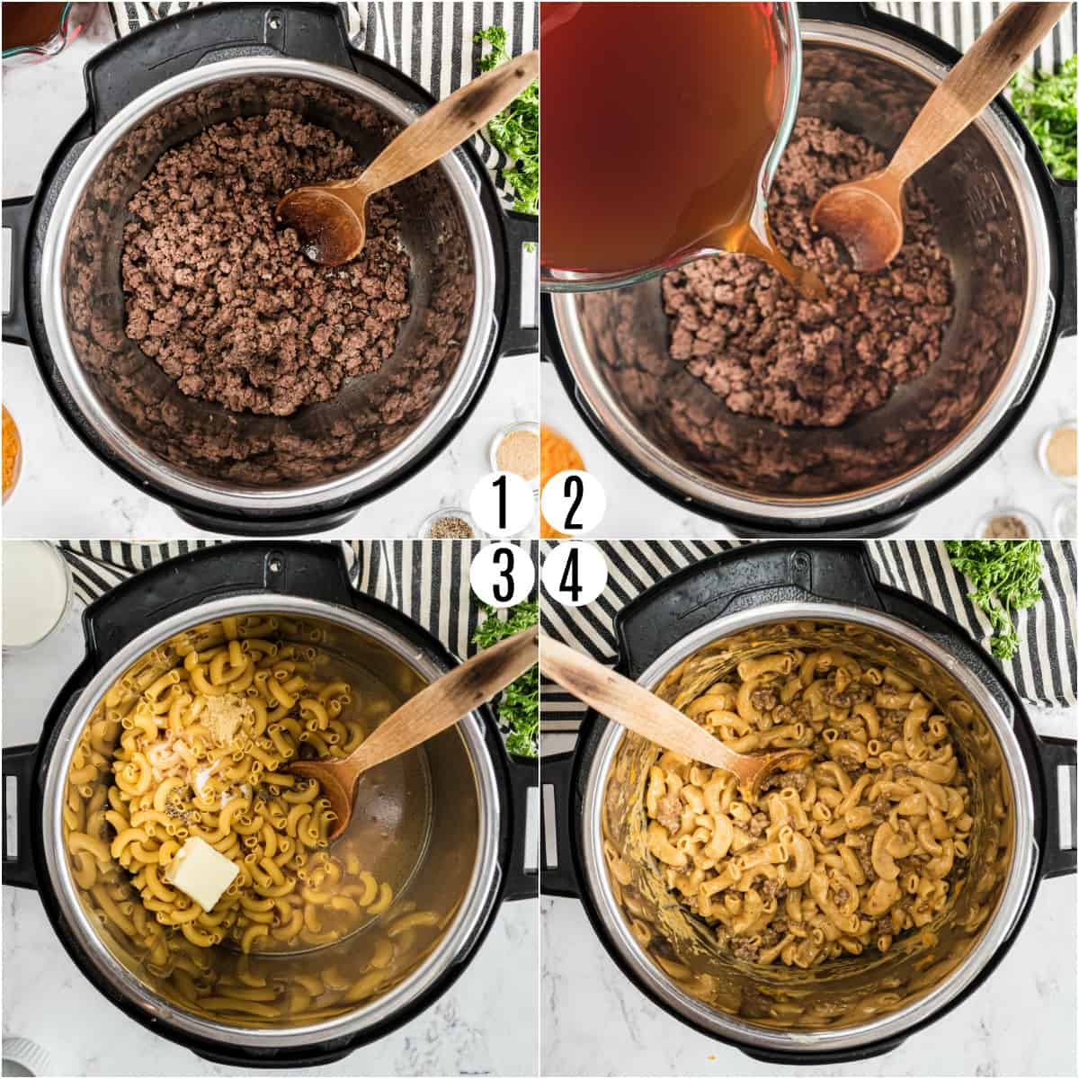 Step by step photos showing how to make hamburger helper in the Instant Pot.