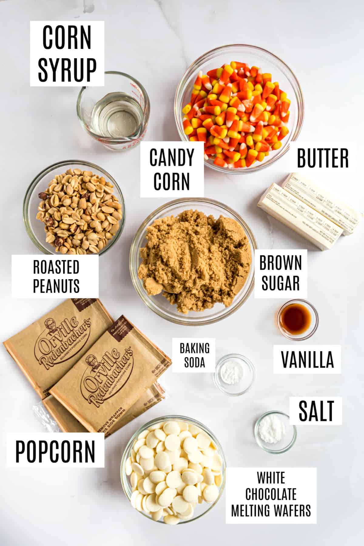 Ingredients needed to make payday caramel corn.