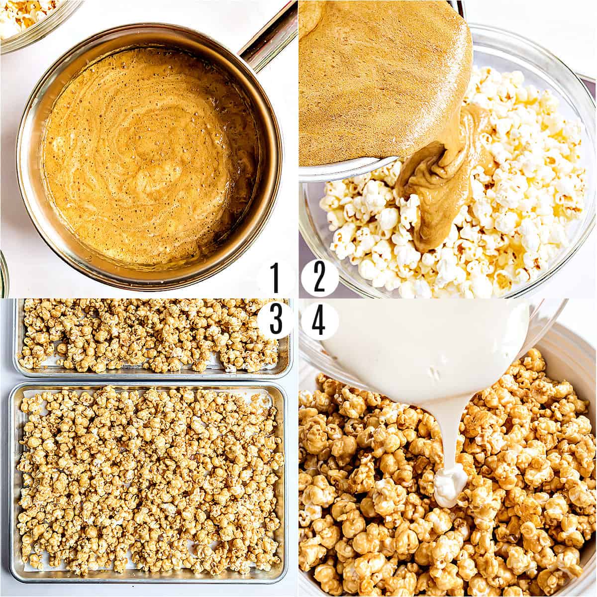 Step by step photos showing how to make caramel corn.
