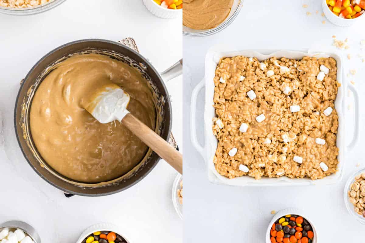 Left: Mixing peanut butter mixture in a pot. Right: Peanut butter candy corn krispie treats with marshmallows in a white baking dish.