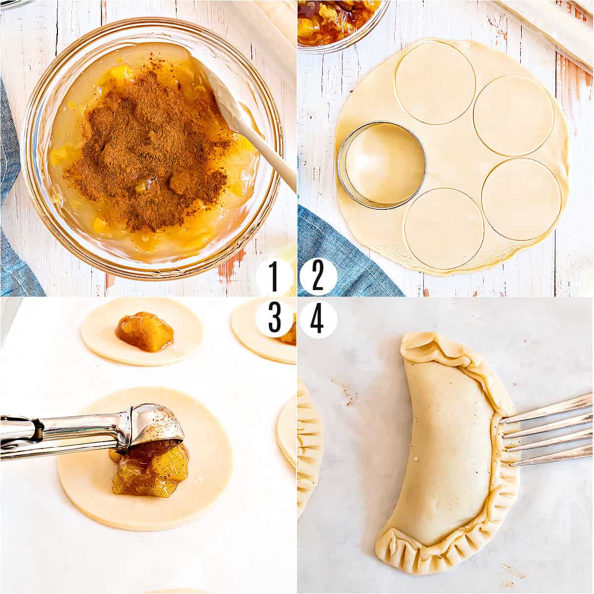 Step by step photos showing how to make peach hand pies.