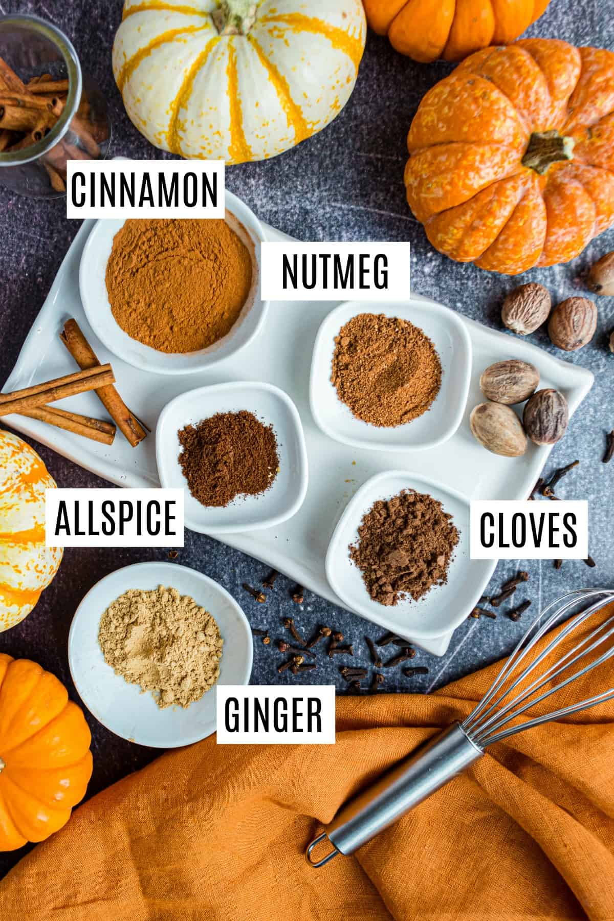 Ingredients needed to make homemade pumpkin pie spice blend.