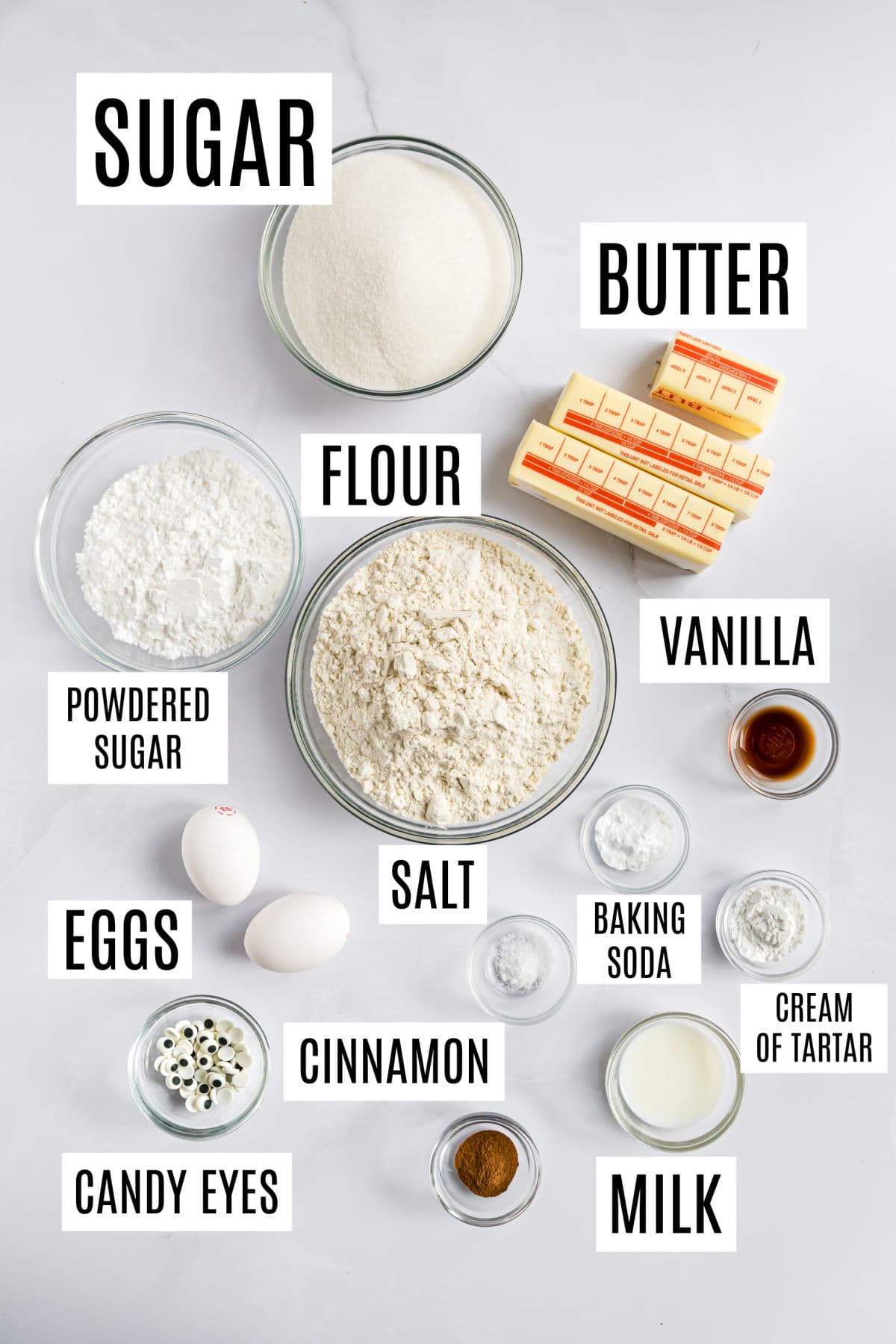 Ingredients needed to make halloween snickerdoodles.