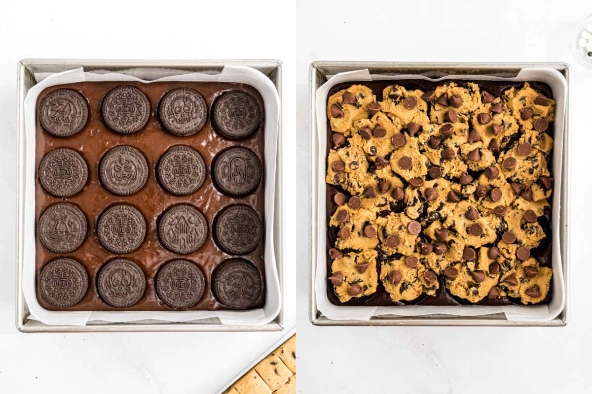 Left: whole chocolate sandwich cookies on brownie batter; right: topped with chunks of cookie dough for the ultimate spooky brookies treat.