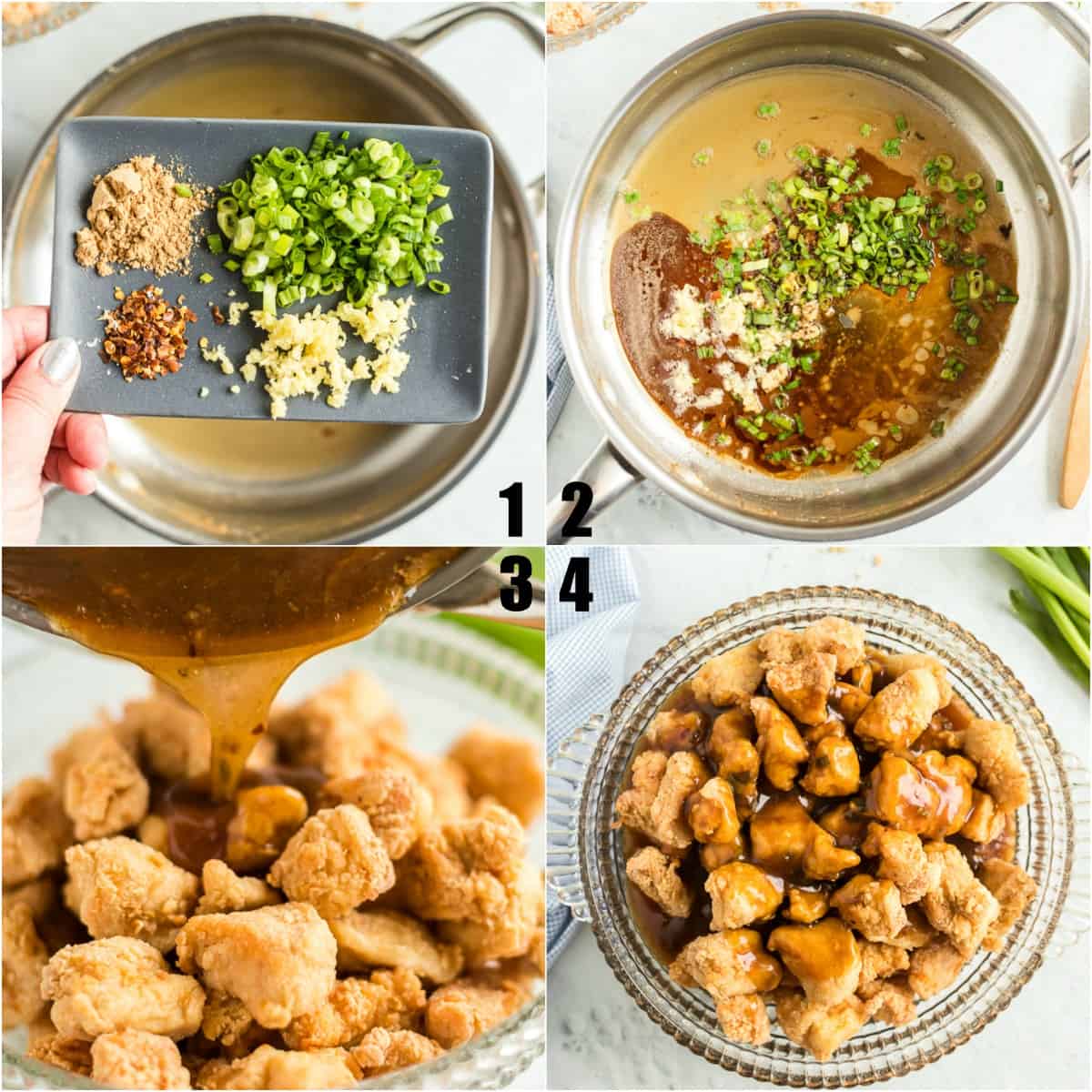 Step by step photos showing how to make orange chicken.