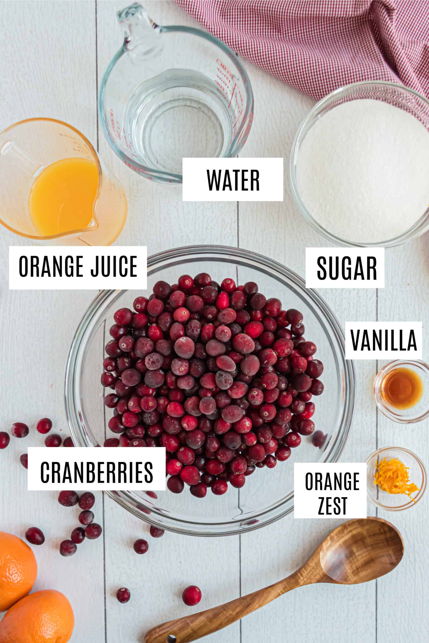 Ingredients needed to make cranberry sauce from scratch.