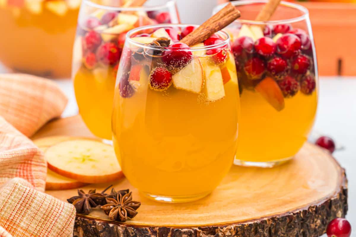 Sangria served in stemless wine glasses.