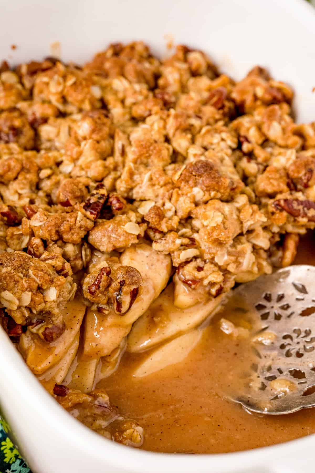 Caramel apple crisp in baking dish.