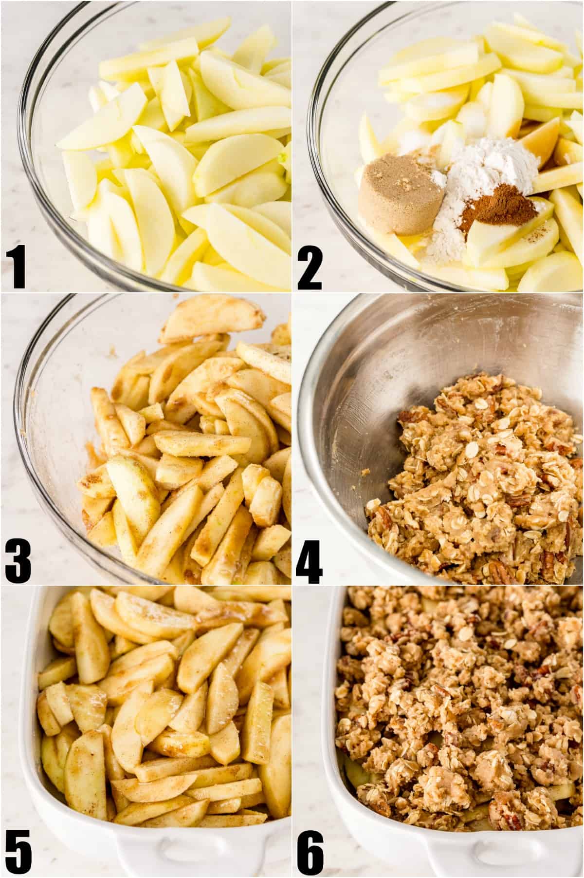 Step by step photos showing how to make apple crisp.