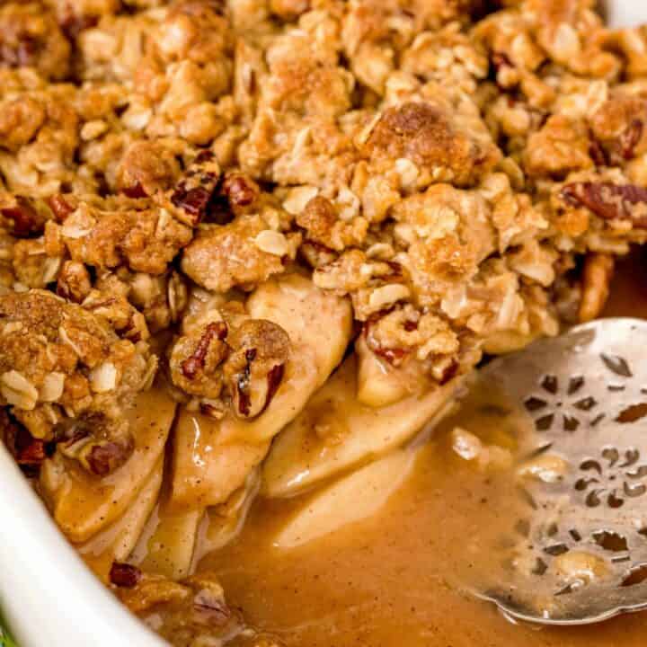 Apple crisp in baking dish.