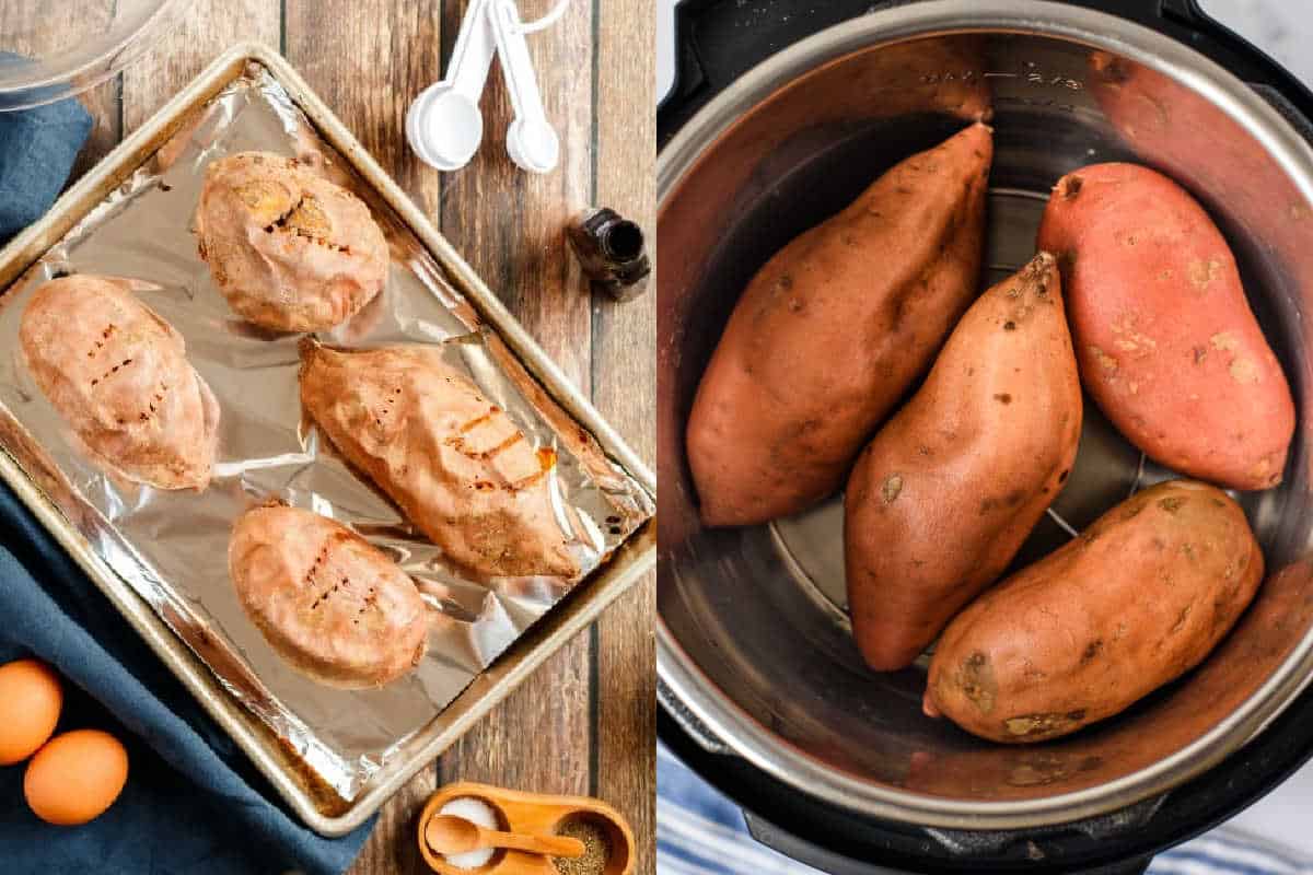 Four sweet potatoes on a foil-lined baking tray and four in an Instant Pot—perfect for making sweet potato casserole with marshmallows.