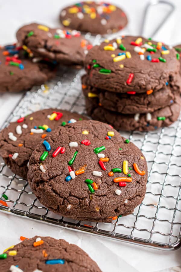 Chocolate cake mix cookies with sprinkles.
