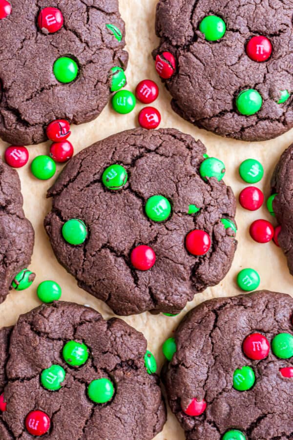 Chocolate cake mix cookies with holiday candy.