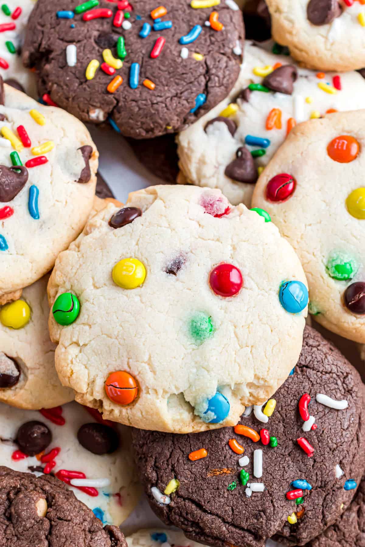 Cake mix cookies stacked on top of each other.