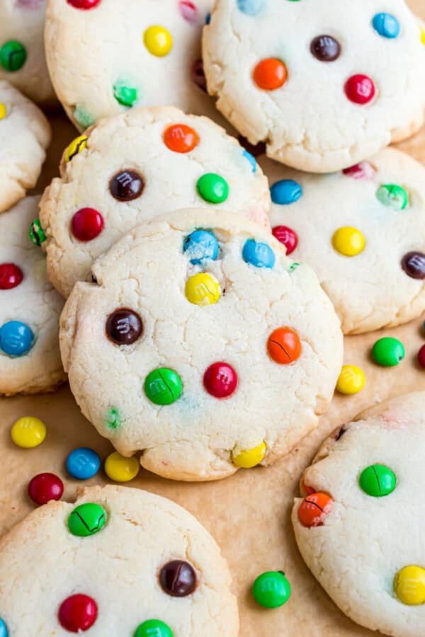 Cake mix cookies with M&Ms.