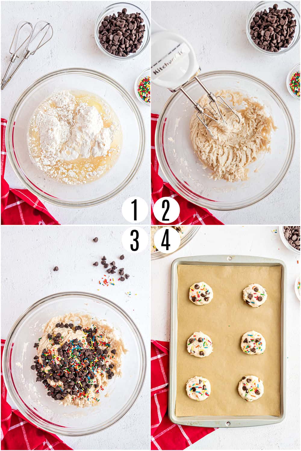 Step by step photos showing how to make cookie dough cookies and bake.