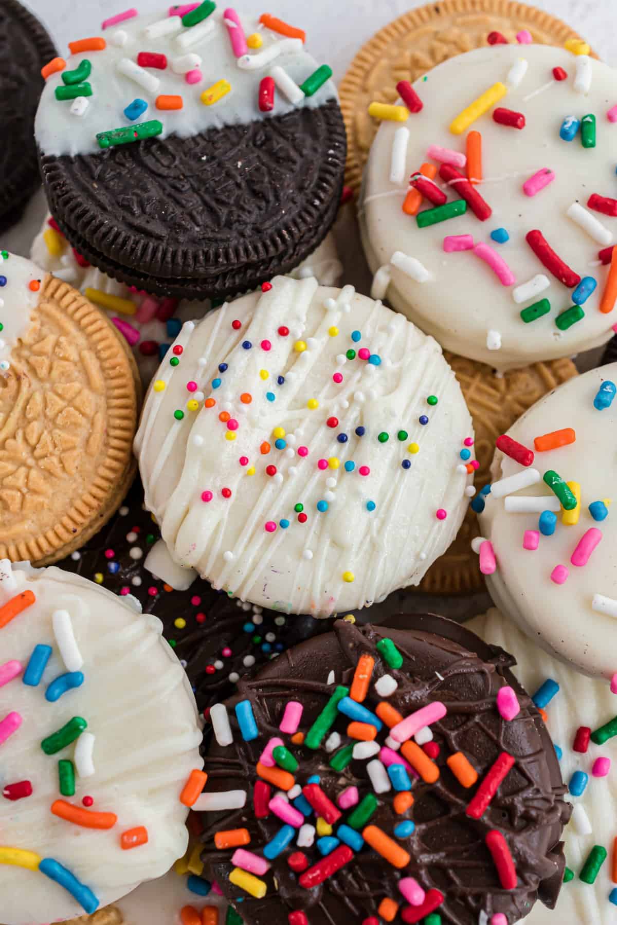 Funfetti decorated chocolate dipped oreos.