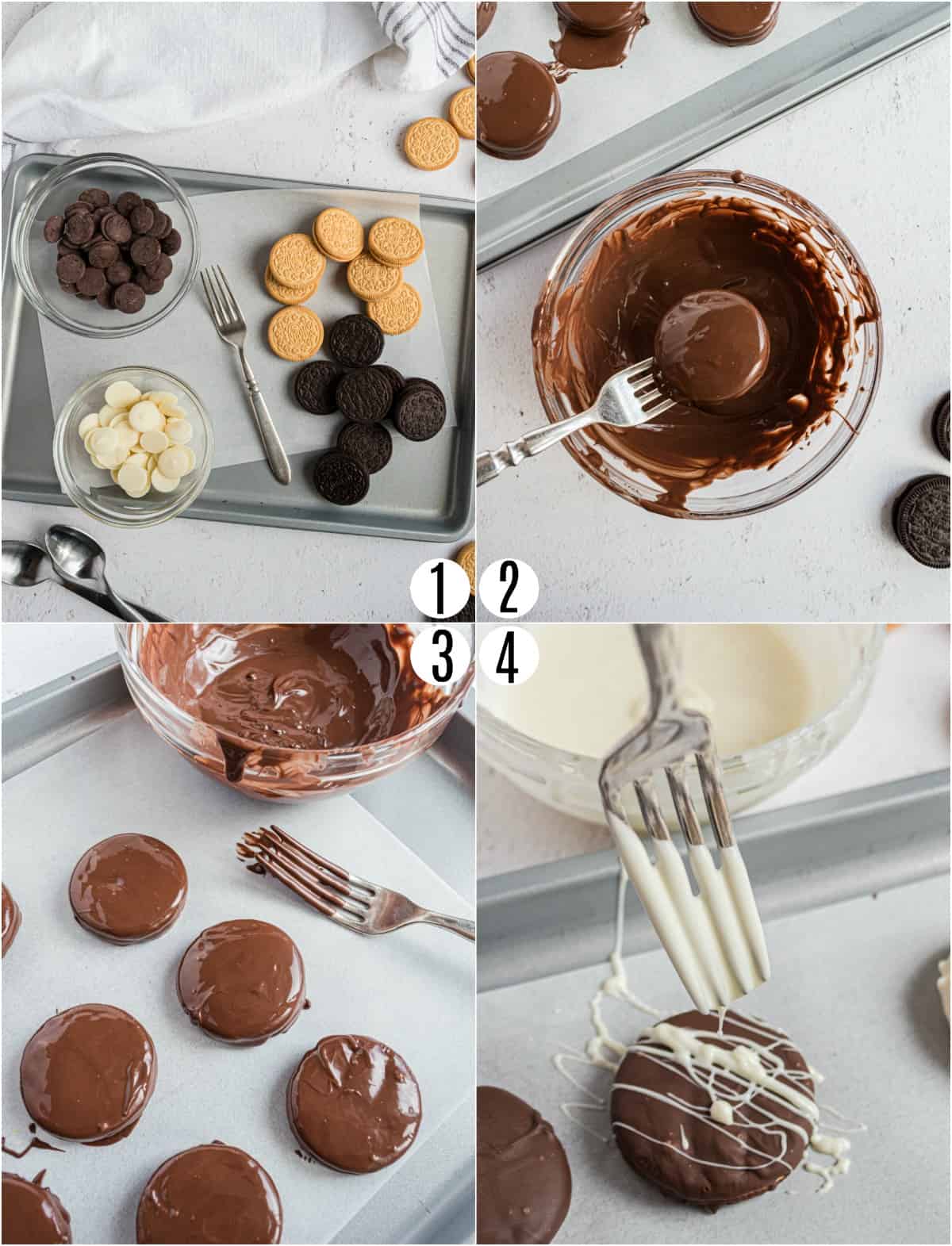 Step by step photos showing how to make chocolate covered oreos.