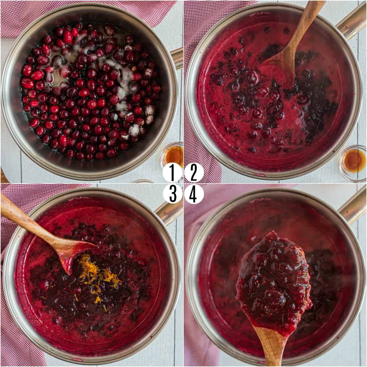 Step by step photos showing how to make cranberry sauce from scratch.