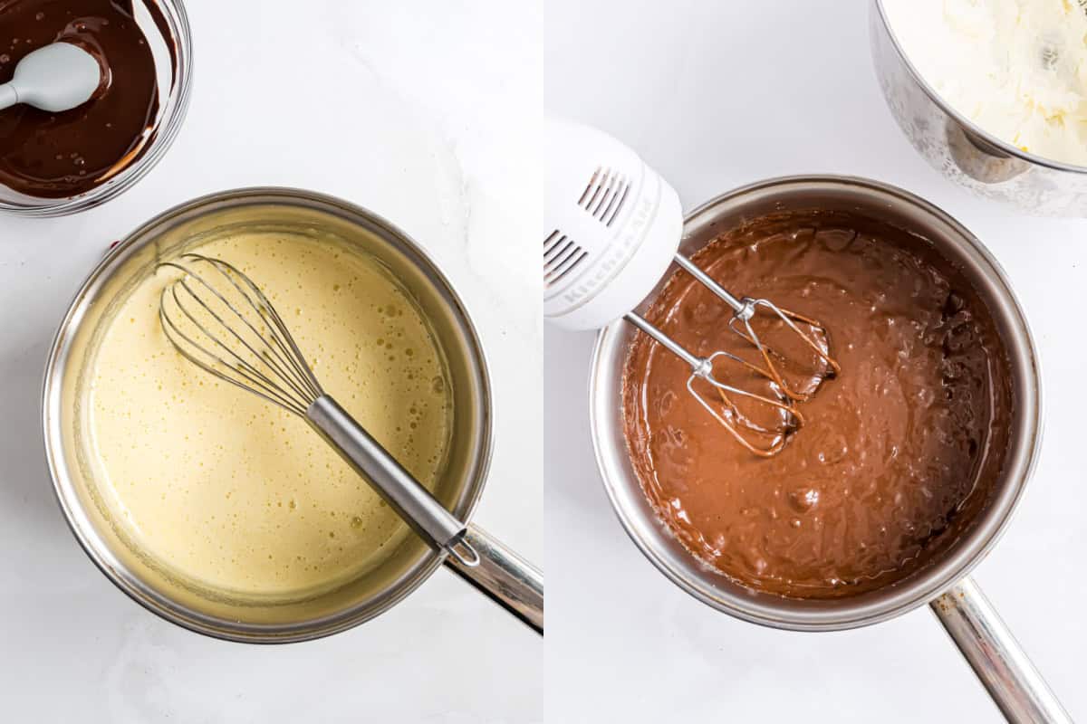 Side-by-side images: whisked egg mixture in one pan, chocolate batter for french silk pie being mixed with a hand mixer in another.