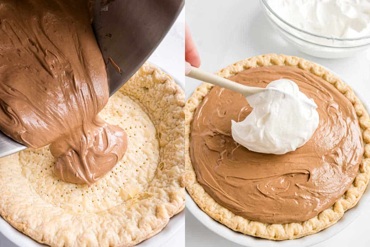 Chocolate filling is poured into a pie crust for a classic french silk pie, then topped with a dollop of whipped cream being spread.