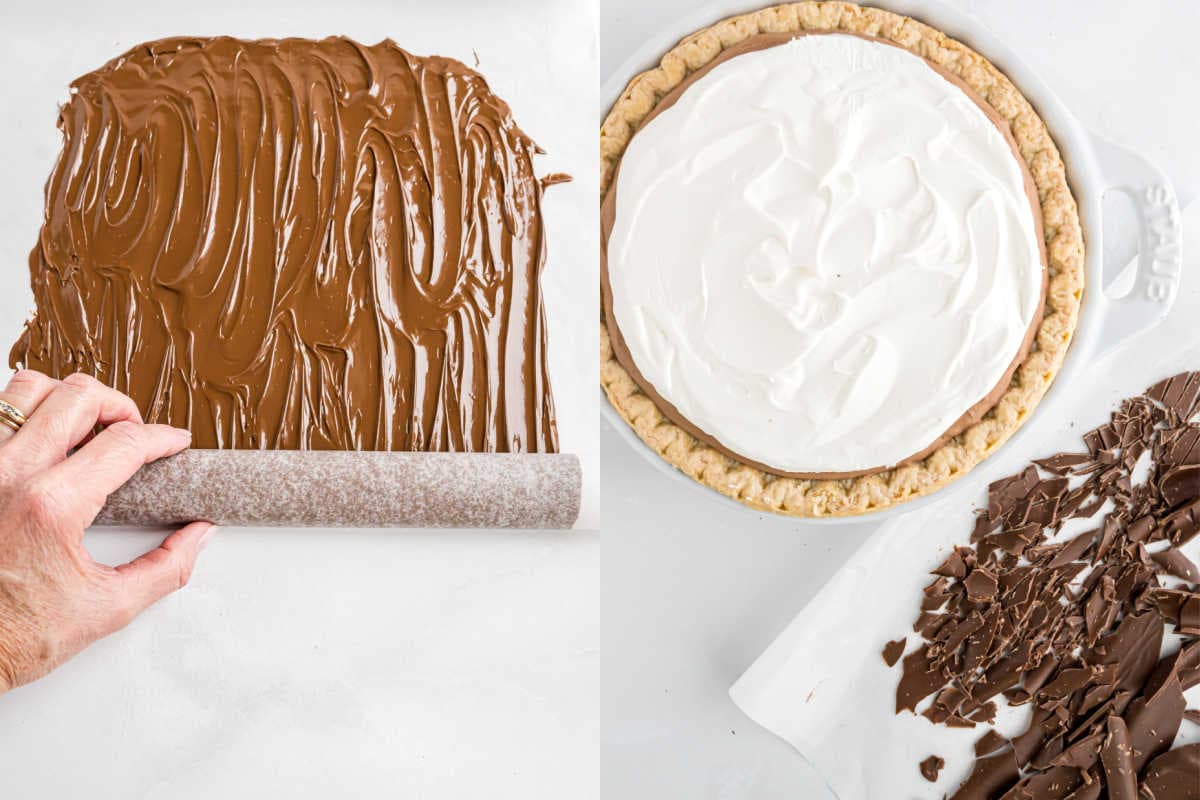 Left: Hand rolling chocolate on parchment; right: a decadent french silk pie with chocolate shards on the side.