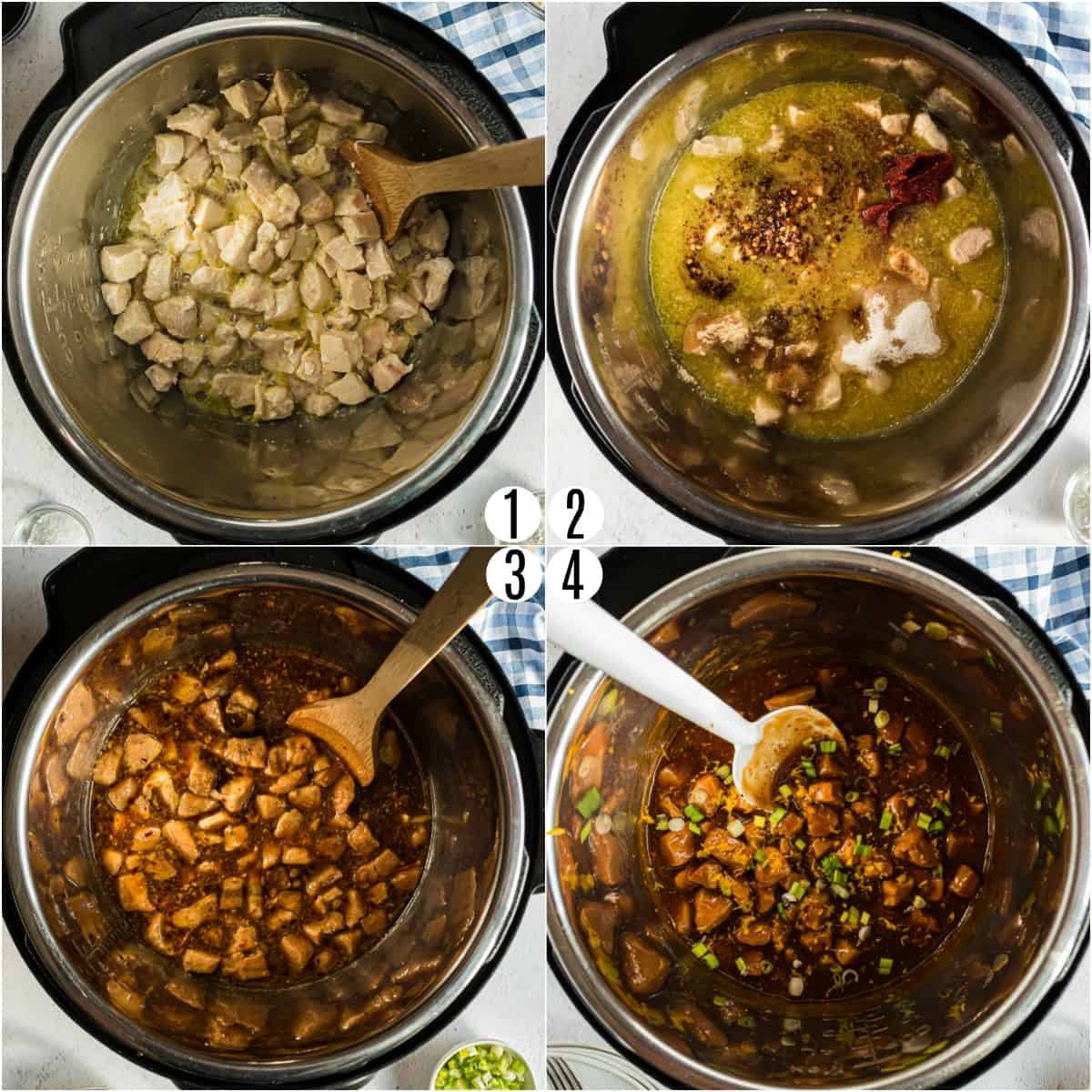 Step by step photos showing how to make orange chicken in the pressure cooker.