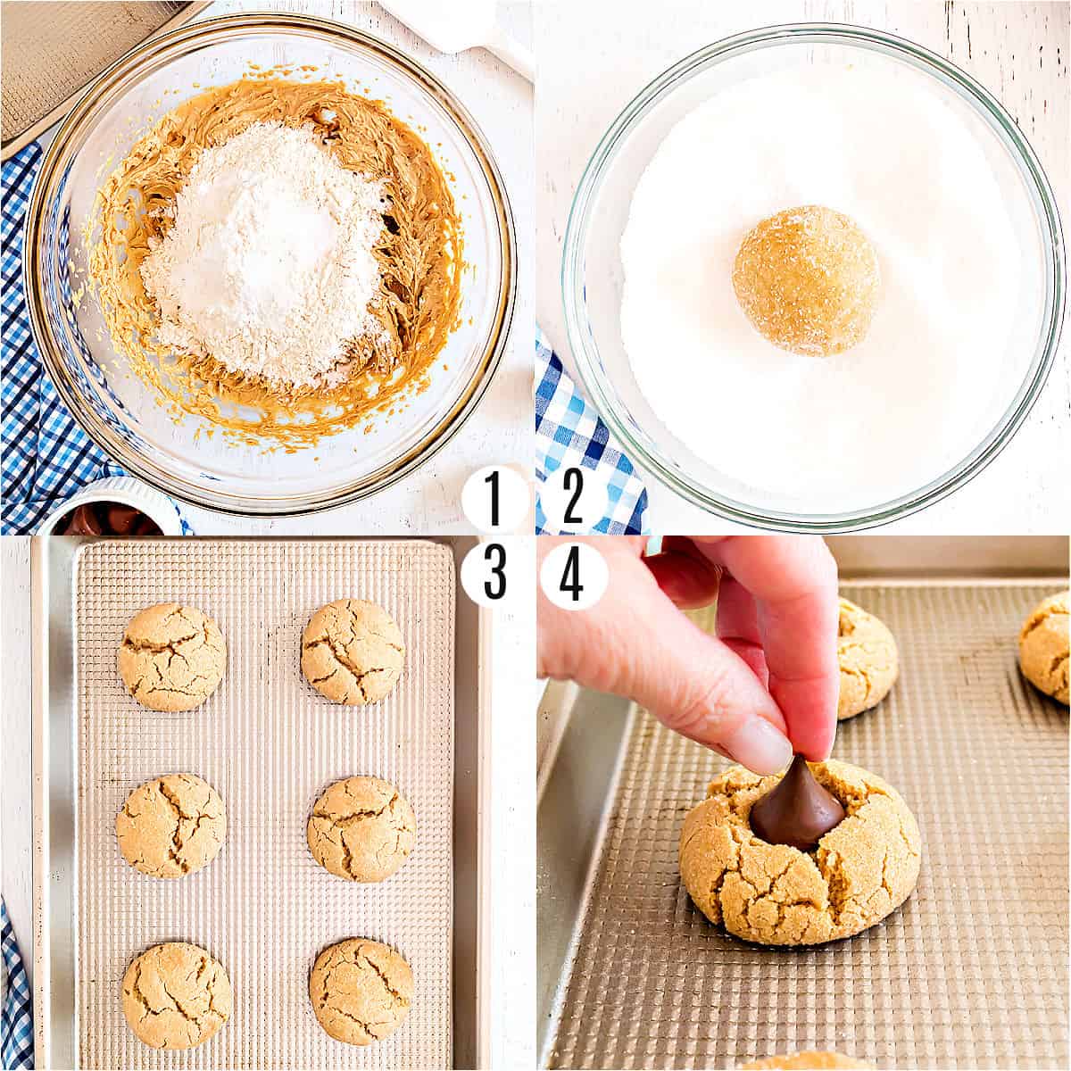 Step by step photos showing how to make peanut butter blossoms.