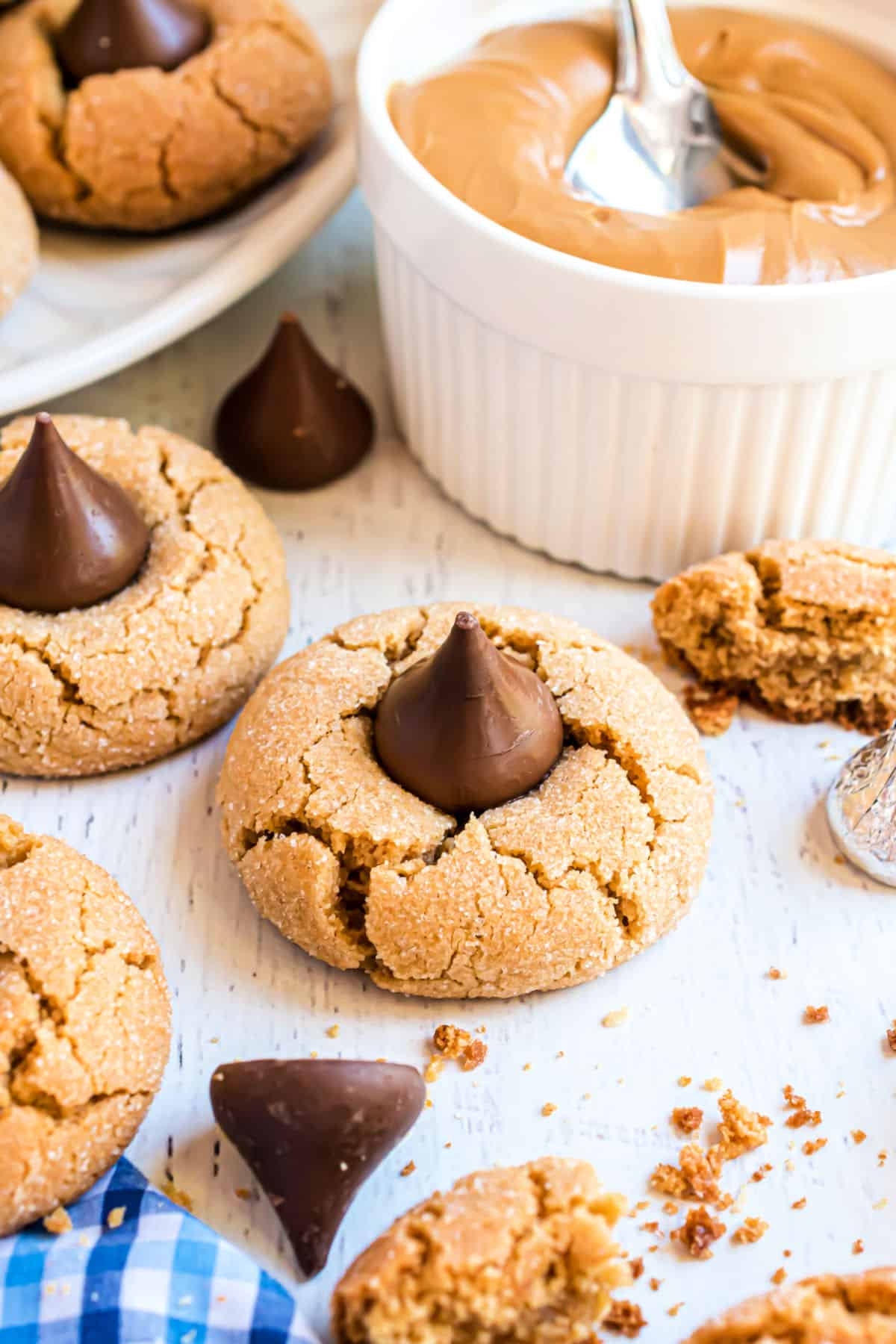 Peanut butter blossom cookies on counter.