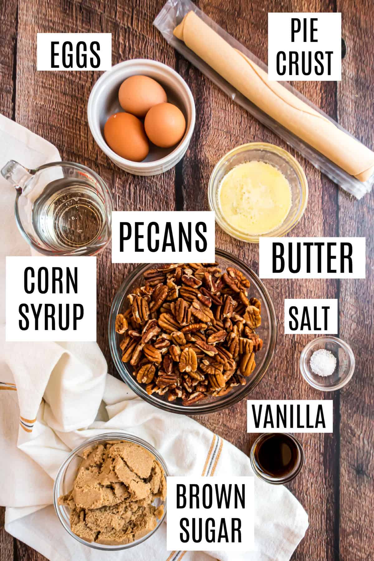 Ingredients needed to make pecan pie.