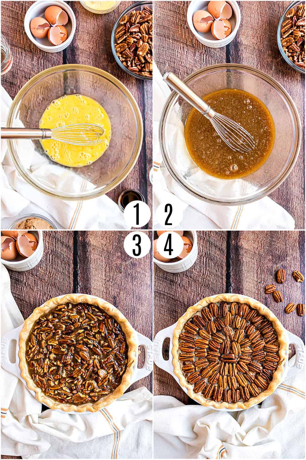 Step by step photos showing how to make pecan pie.