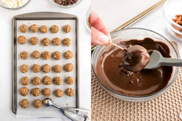 Left: A tray of round pecan pie truffles sits ready. Right: A hand dips a truffle into melted chocolate with a toothpick.
