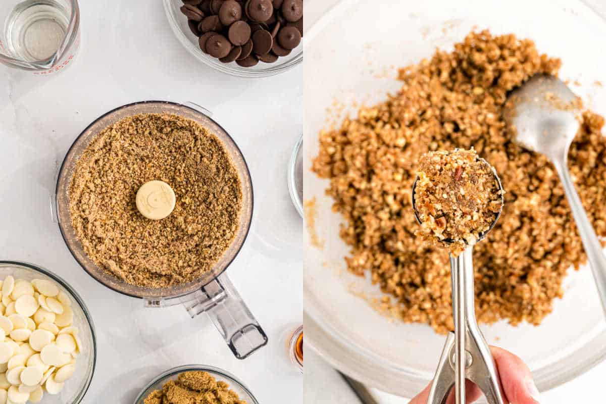 Two images: ground pecan pie truffles mixture in a food processor; mixture scooped with a metal scoop into a mixing bowl.