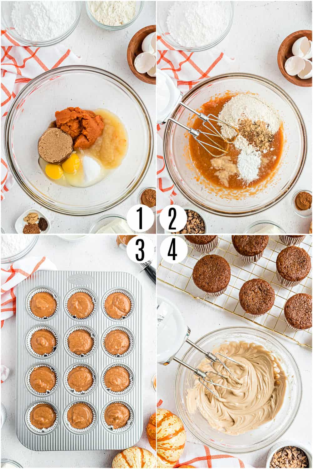 Step by step photos showing how to make pumpkin cupcakes.