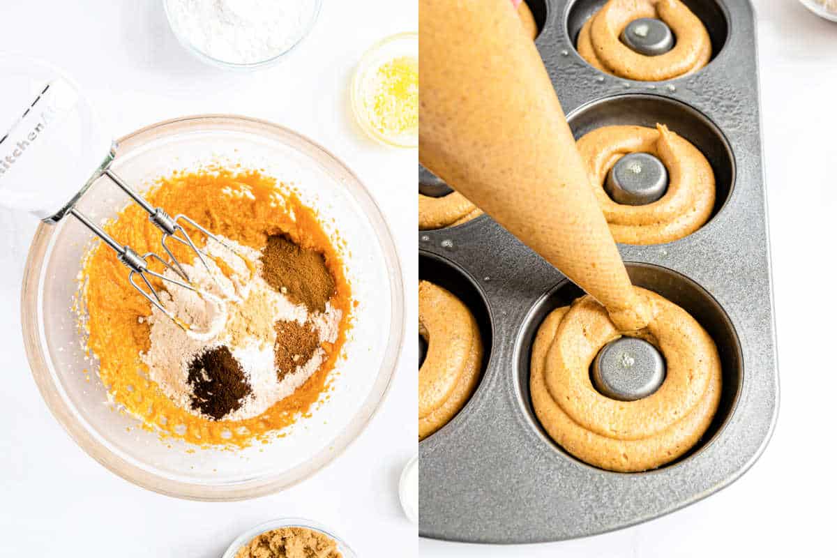 Left: Mixing pumpkin streusel donuts batter with a hand mixer. Right: Piping the batter into a donut pan.