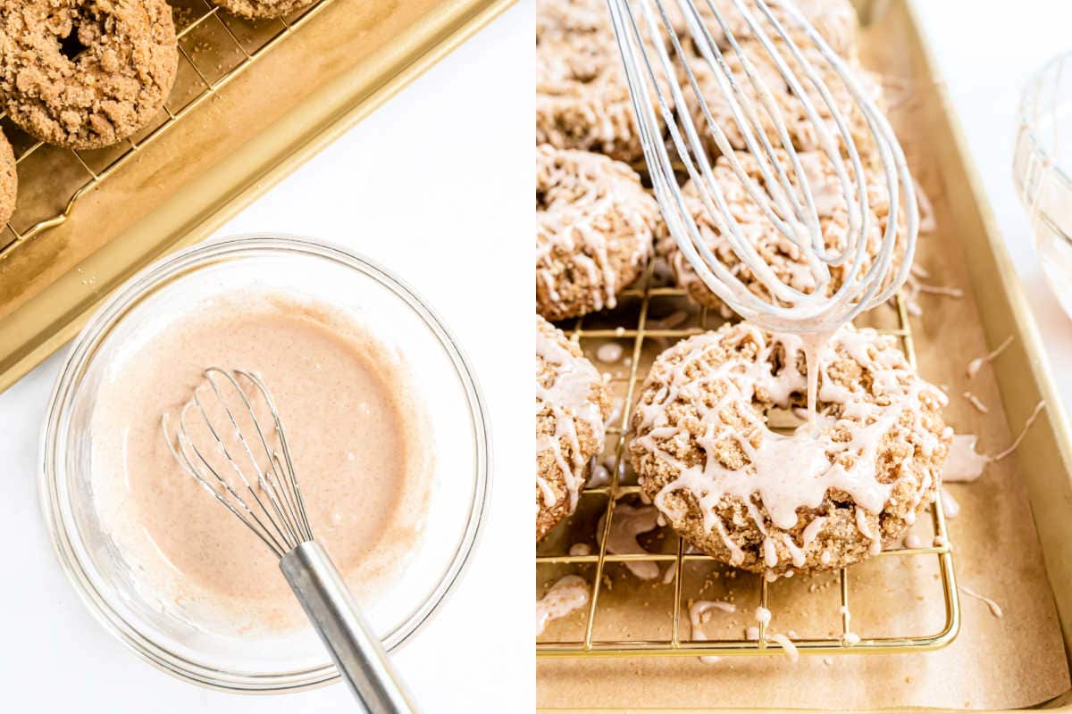 A whisk drizzles glaze over oatmeal cookies on a rack; beside, a bowl of glaze and whisk await, ready for pumpkin streusel donuts too.