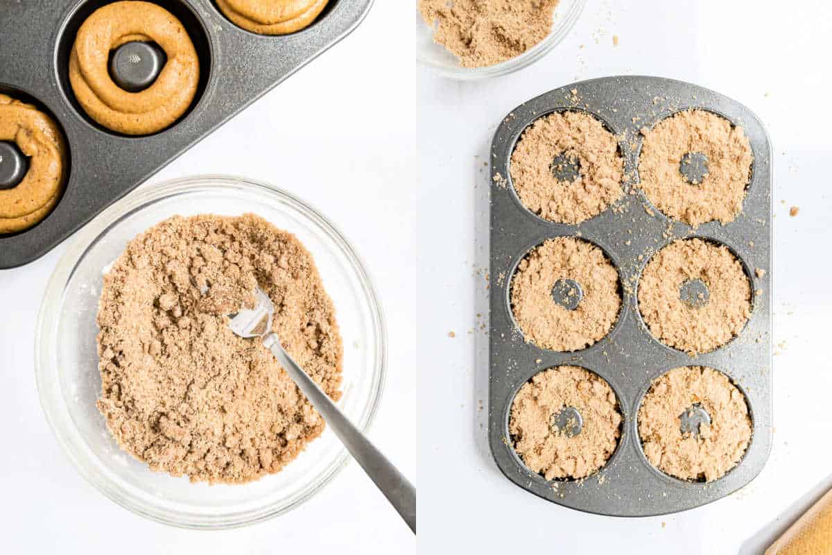 Overhead view of pumpkin streusel donut batter in a pan, a bowl of streusel topping, and donuts topped with crunchy streusel.