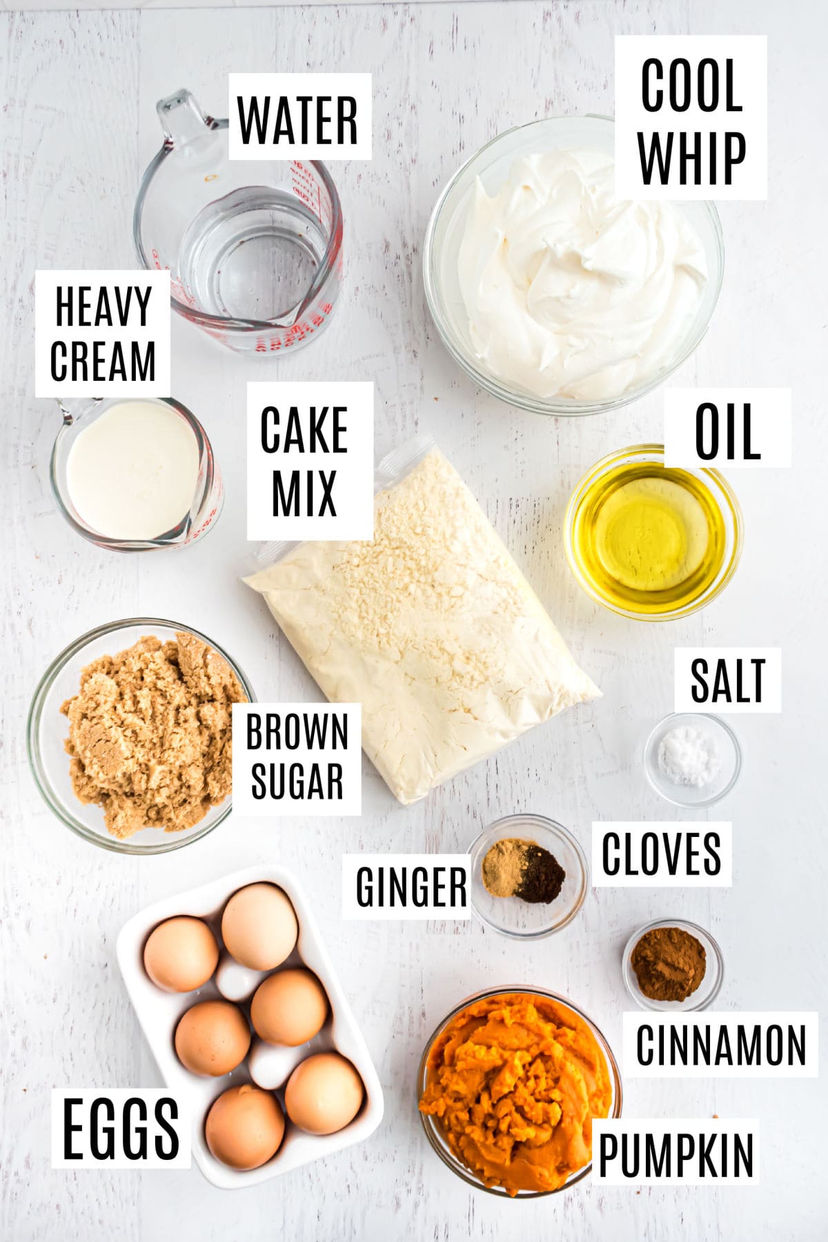 Ingredients needed to make pumpkin magic cake.