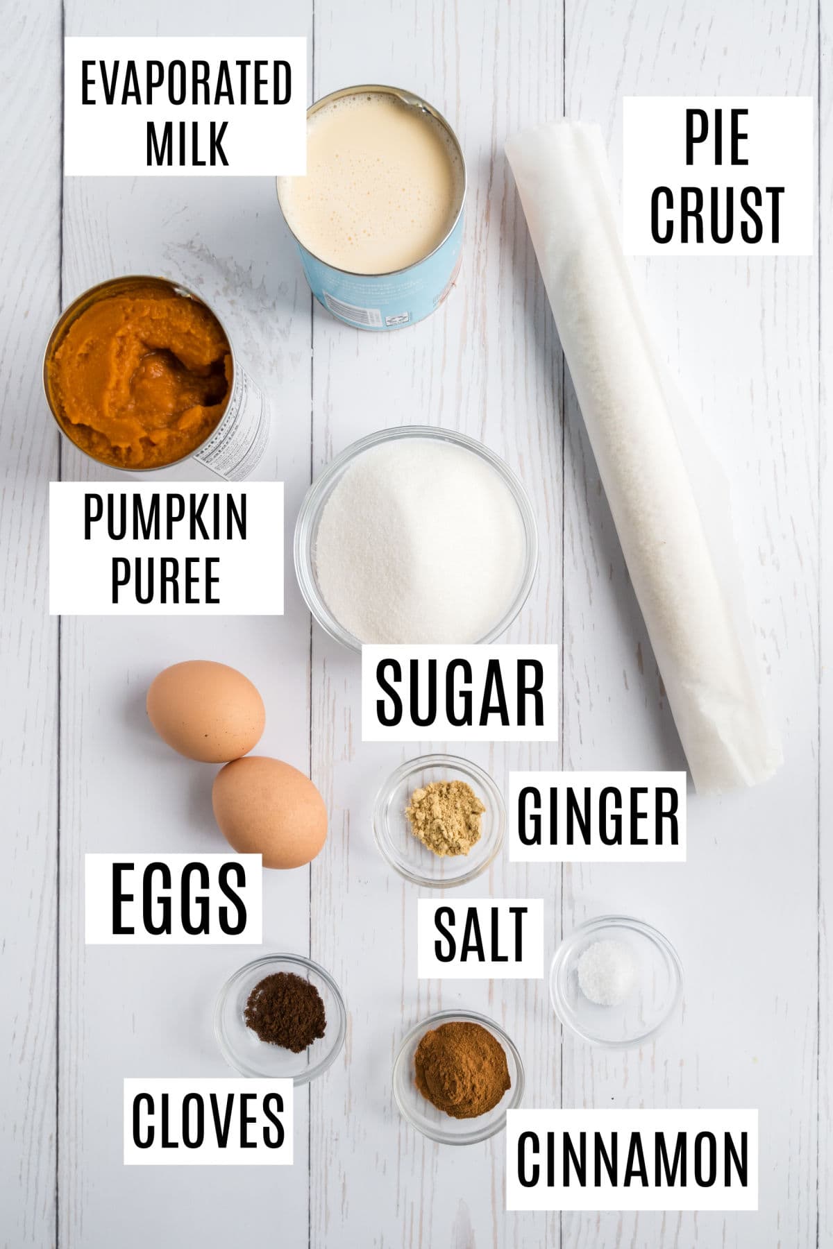 Ingredients needed to make pumpkin pie.