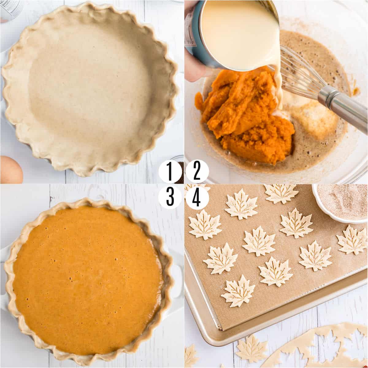 Step by step photos showing how to make pumpkin pie.
