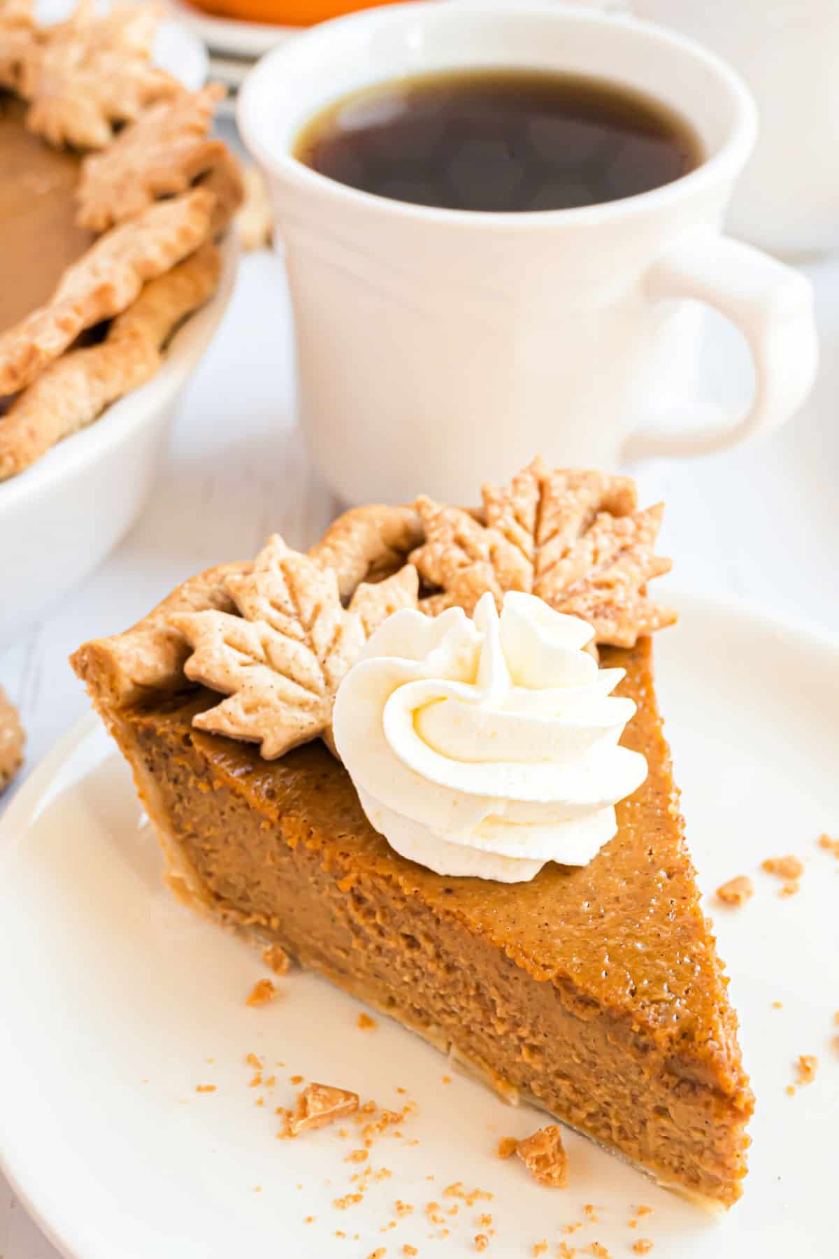 A slice of pumpkin pie on a white plate with whipped cream.