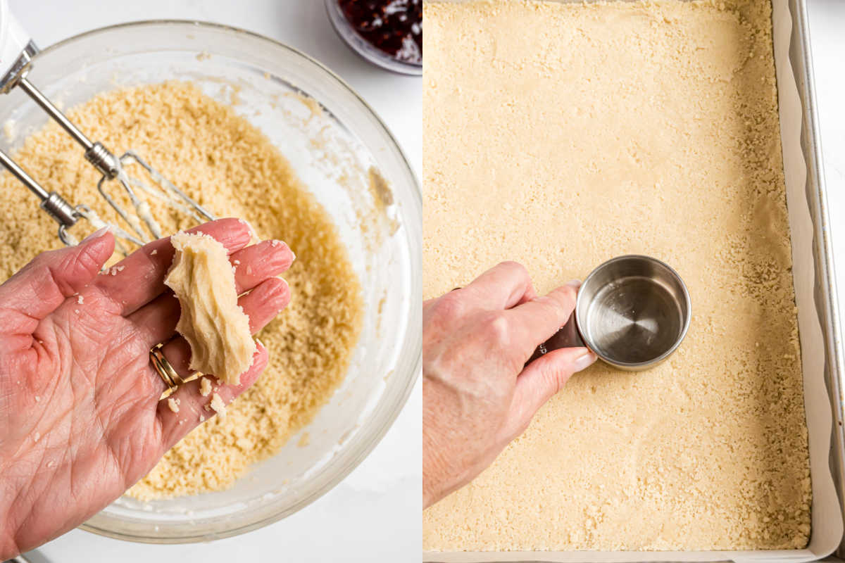 Left: Hand holding dough above a bowl. Right: Flattening dough for raspberry shortbread bars in a baking pan with a metal measuring cup.