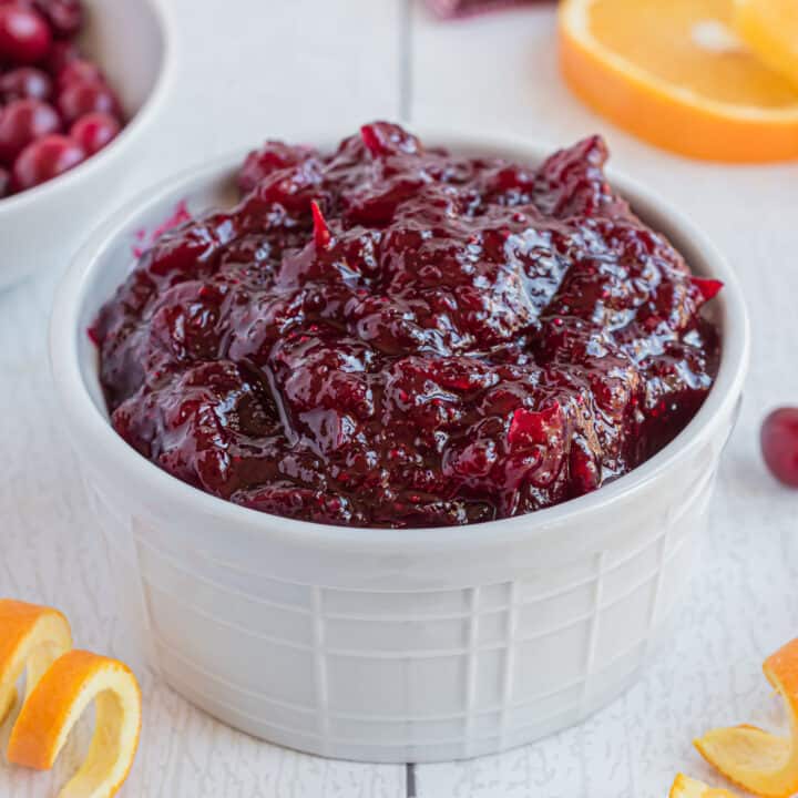 Homemade cranberry sauce, served in bowl.