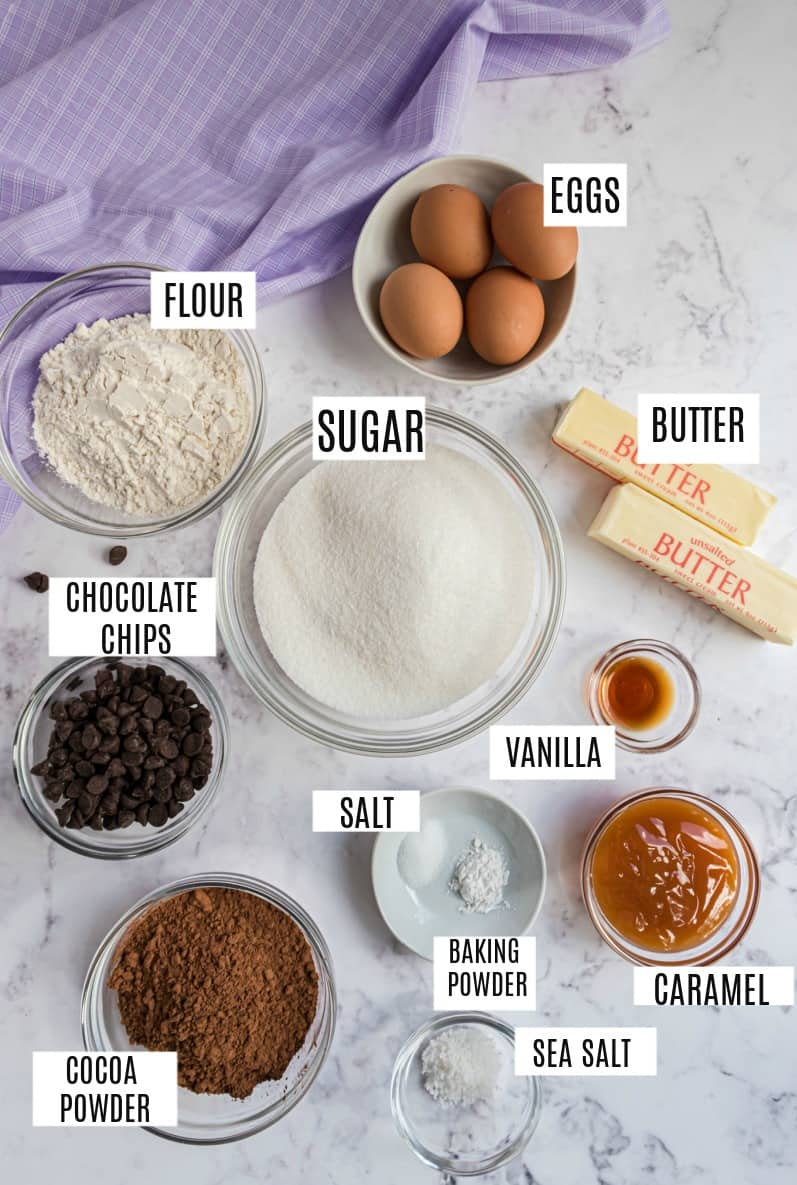 Ingredients needed to make salted caramel brownies.