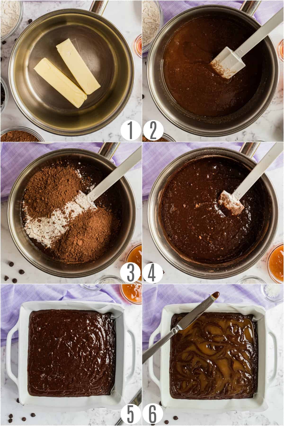 Step by step photos showing how to make brownies with caramel sauce.
