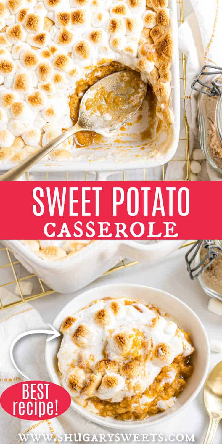 Classic sweet potato casserole with marshmallows, baked to perfection and served in a white dish, with a spoonful ready in a bowl.