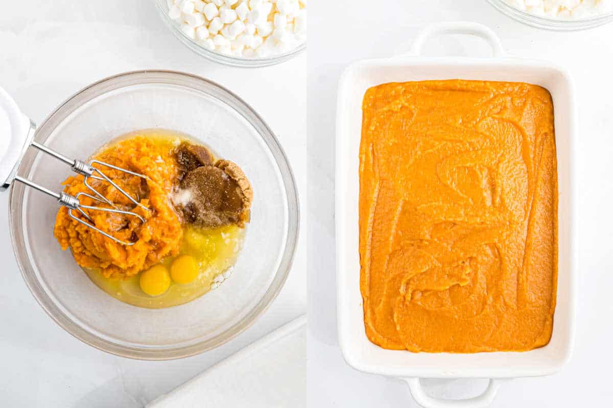 A bowl with sweet potato, eggs, and sugar beside a baking dish filled with smooth orange sweet potato casserole with marshmallows.