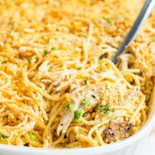 Turkey tetrazzini in a baking dish.