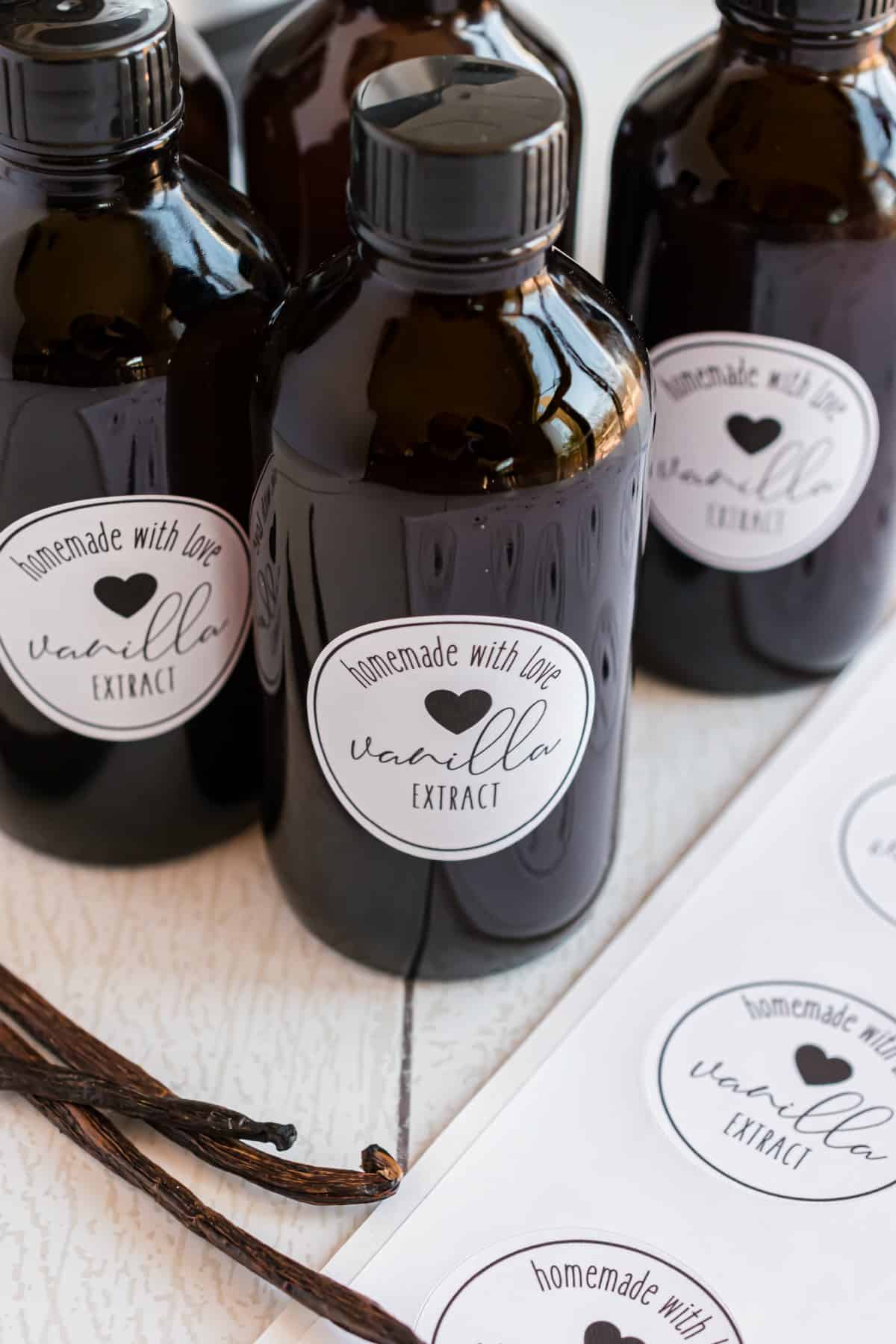 Vanilla extract in small bottles with homemade labels.