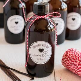 Homemade Vanilla Extract in glass bottles.